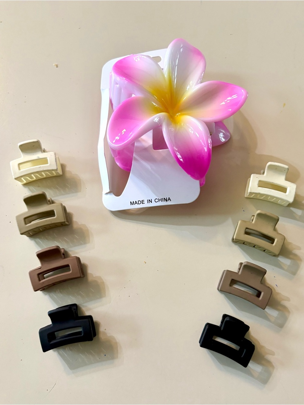 COMBO Pink & Yellow Plumeria Flower Hair Clip and 8 Small Hair Clips, NEW